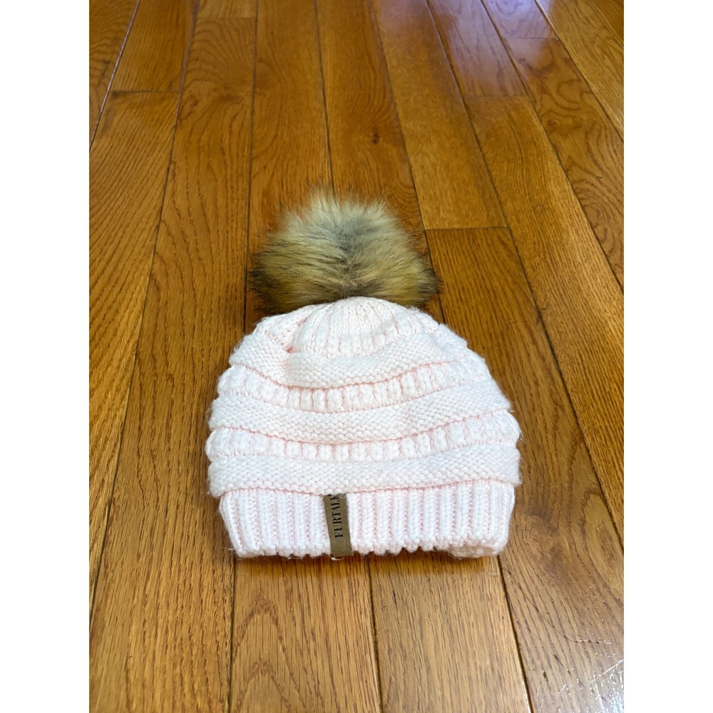 FURTALK Kids Light Pink Cable Knit Beanie with Faux Fur Pom Pom Winter Hat